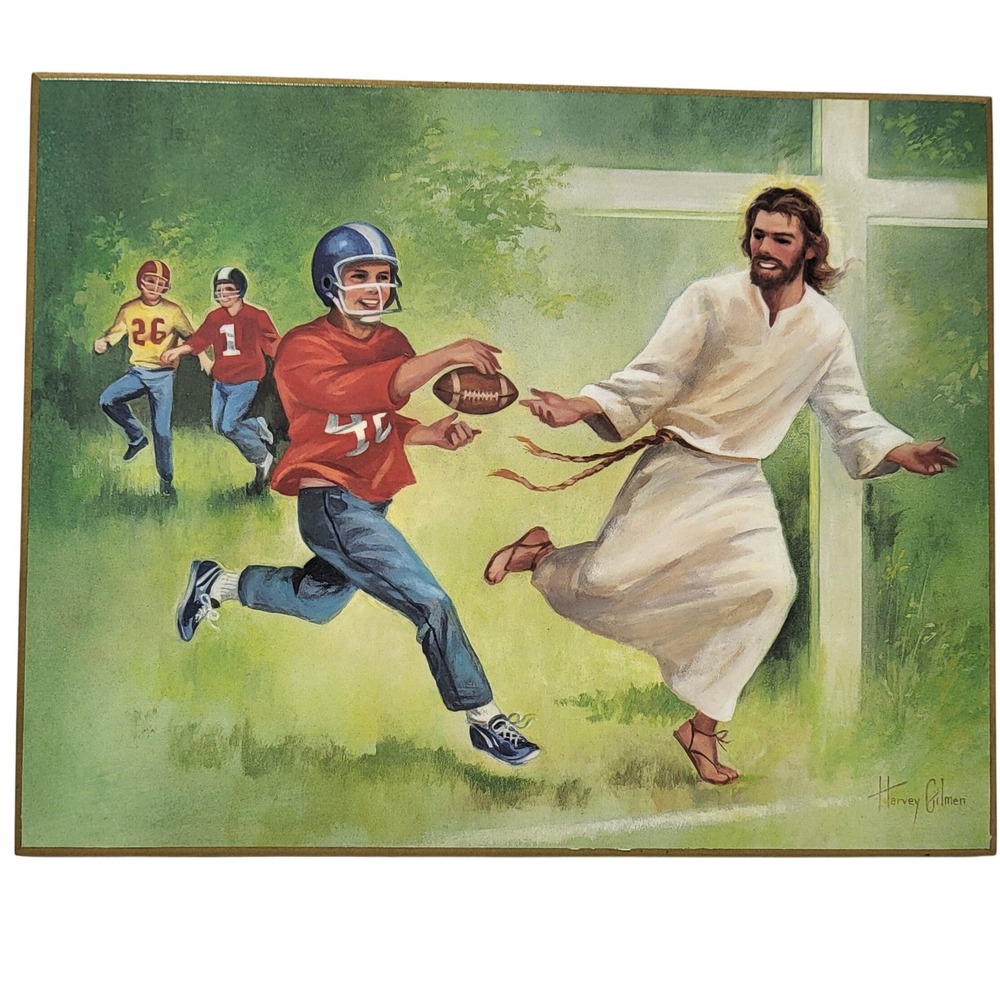 Rare VTG Harvey Gilman Jesus Playing Football Wood Wall Plaque Religious Art